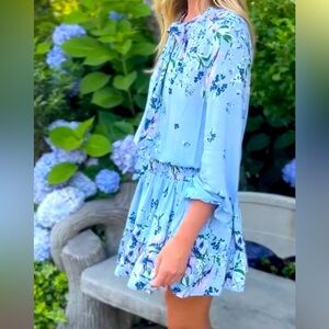 Cartolina Emelia Mini Dress Size XL Light Blue Floral Ruffle Smocked Waist NWT
